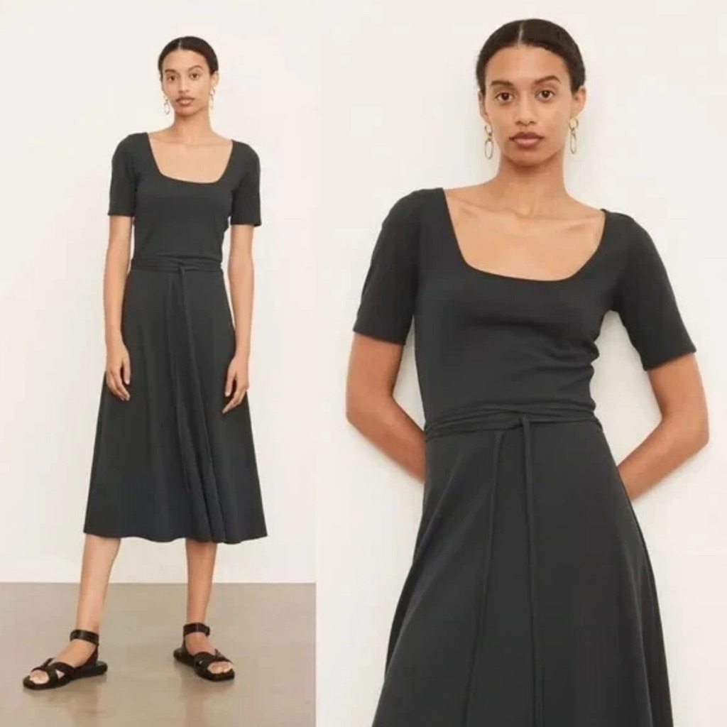Vince Midi Dress Womens M Dark Gray Short Sleeve Square Neckline Quiet Luxury